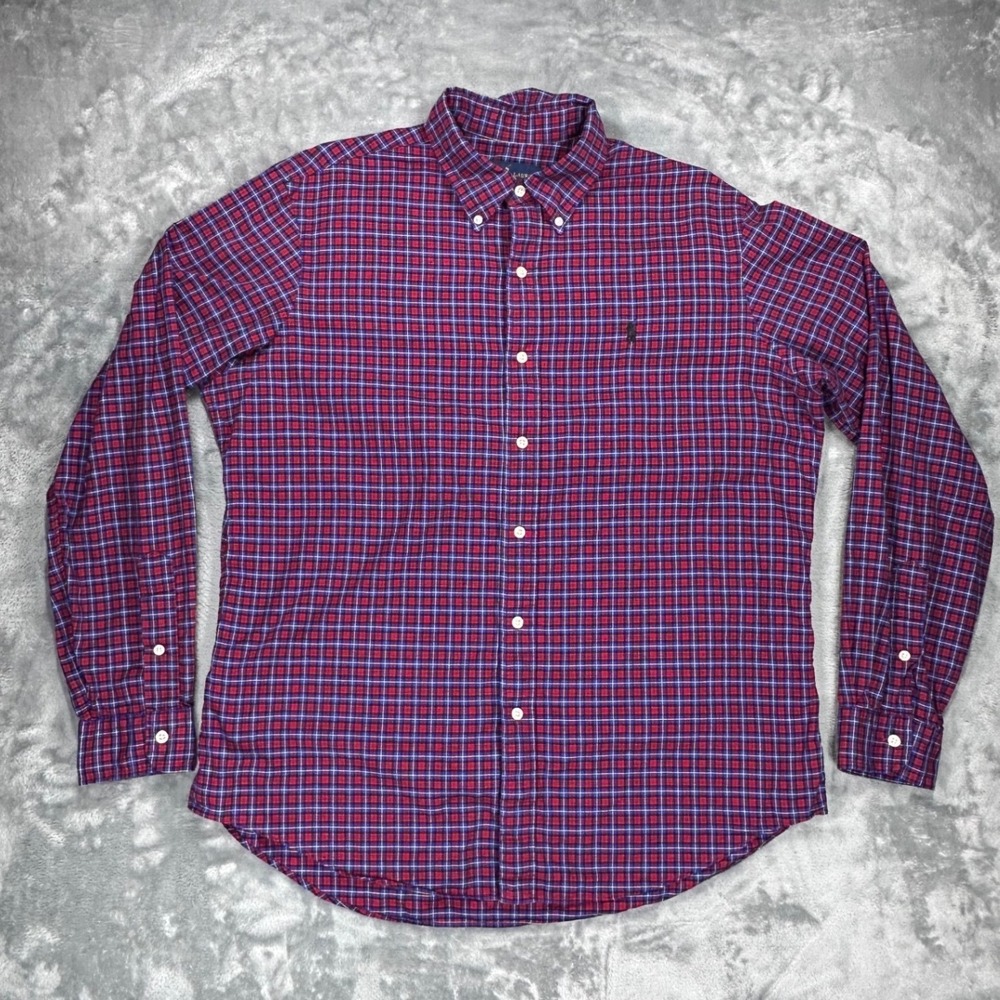 Ralph Lauren Mens Large Red Blue Plaid Long Sleeve Button Down Cotton Shirt L/G